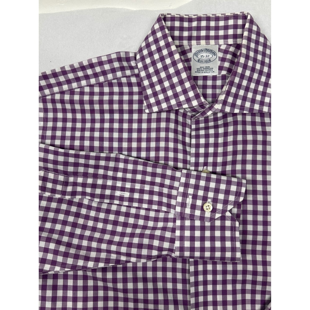 Brooks Brothers Gingham Check Dress Shirt Mens 15-32 Purple Non‎ Iron Cotton